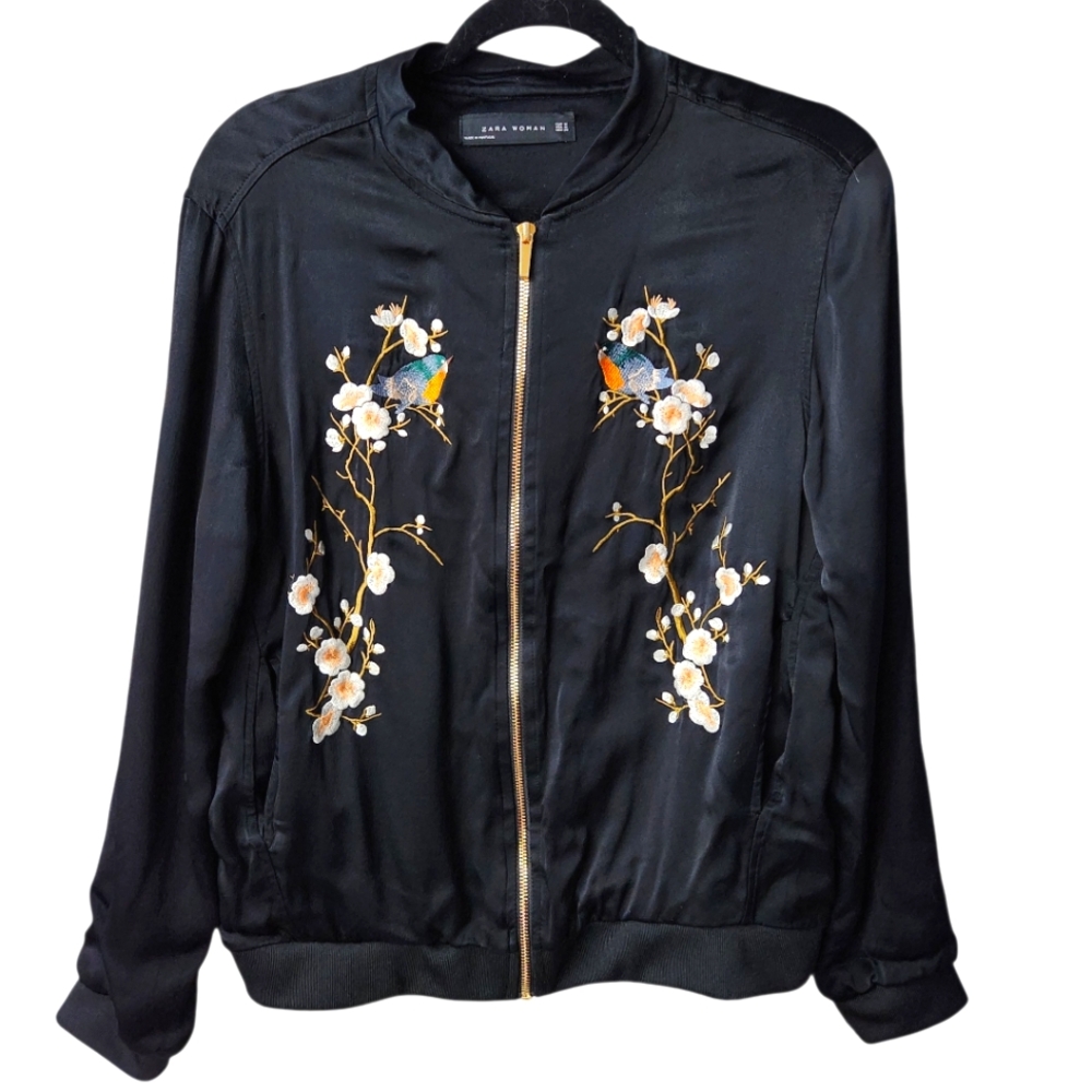 Zara Size M Embroidered Cherry Blossom Bird Bomber Jacket Silky
